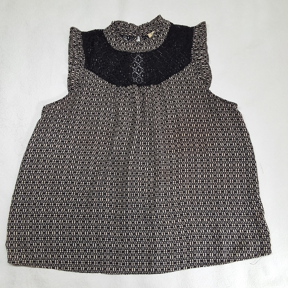 Lily White Geometric Flutter Sleeveless High Neck Blouse SZ :Use Measurements